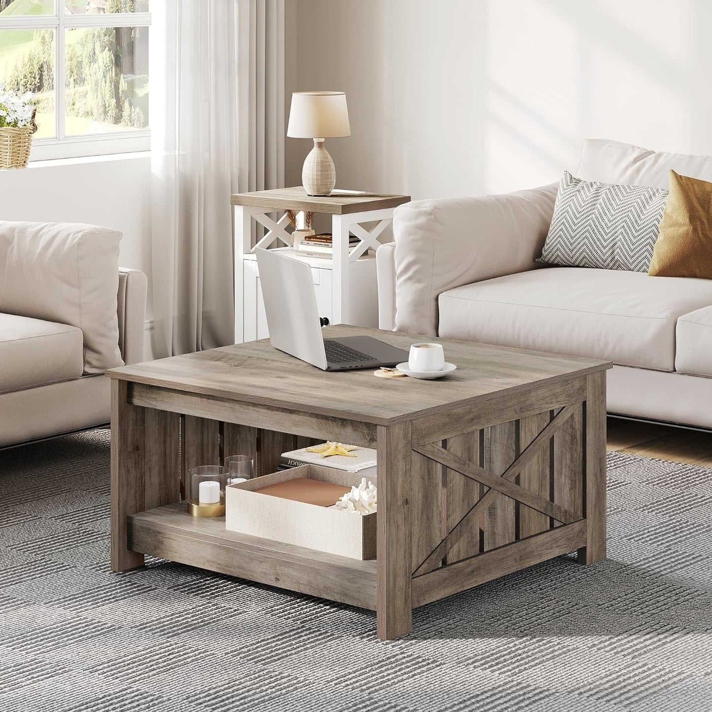 Moasis Farmhouse Coffee Table with Storage for Living Room Square Center Table