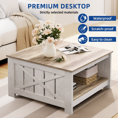 Moasis Farmhouse Coffee Table with Storage for Living Room Square Center Table