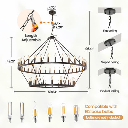 Modern Farmhouse Chandelier 2 Tier Round Wagon Wheel Chandelier Large High Ceiling Light.