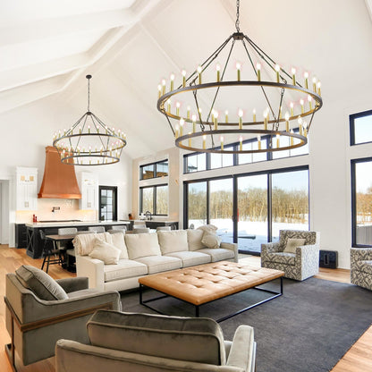 Modern Farmhouse Chandelier 2 Tier Round Wagon Wheel Chandelier Large High Ceiling Light.