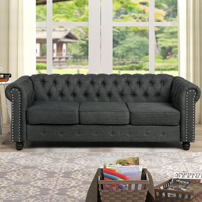 Canapé Chesterfield en lin Morden Fort avec capitonnage à boutons, clous et pieds en bois massif pour le salon