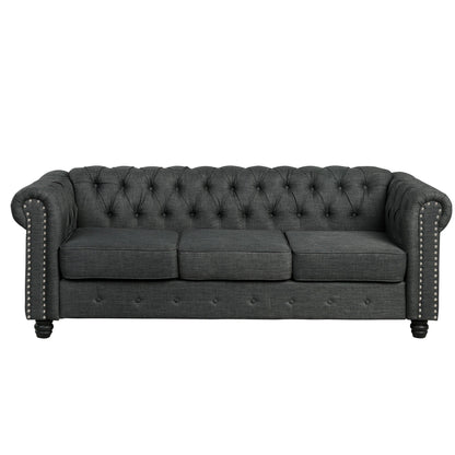 Canapé Chesterfield en lin Morden Fort avec capitonnage à boutons, clous et pieds en bois massif pour le salon