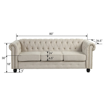 Canapé Chesterfield en lin Morden Fort avec capitonnage à boutons, clous et pieds en bois massif pour le salon