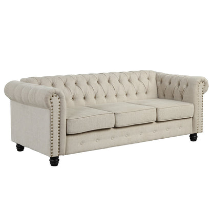 Canapé Chesterfield en lin Morden Fort avec capitonnage à boutons, clous et pieds en bois massif pour le salon