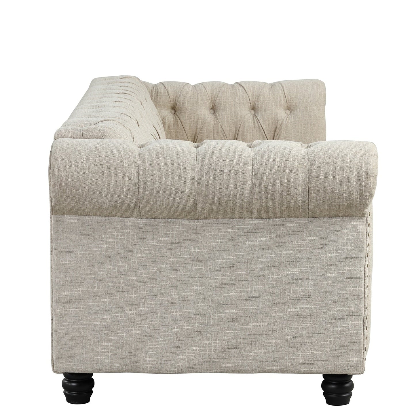 Canapé Chesterfield en lin Morden Fort avec capitonnage à boutons, clous et pieds en bois massif pour le salon
