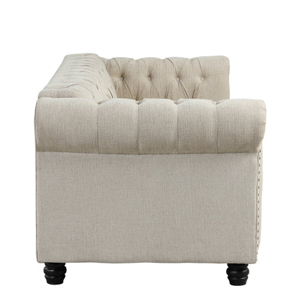 Canapé Chesterfield en lin Morden Fort avec capitonnage à boutons, clous et pieds en bois massif pour le salon