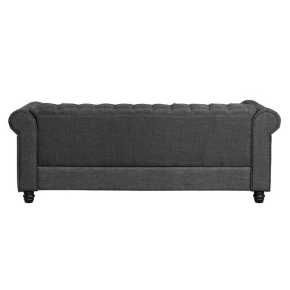 Canapé Chesterfield en lin Morden Fort avec capitonnage à boutons, clous et pieds en bois massif pour le salon