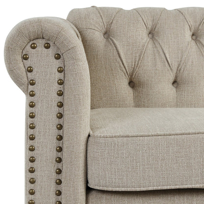 Canapé Chesterfield en lin Morden Fort avec capitonnage à boutons, clous et pieds en bois massif pour le salon
