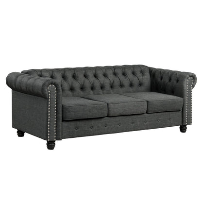 Canapé Chesterfield en lin Morden Fort avec capitonnage à boutons, clous et pieds en bois massif pour le salon