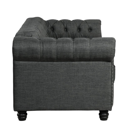 Canapé Chesterfield en lin Morden Fort avec capitonnage à boutons, clous et pieds en bois massif pour le salon