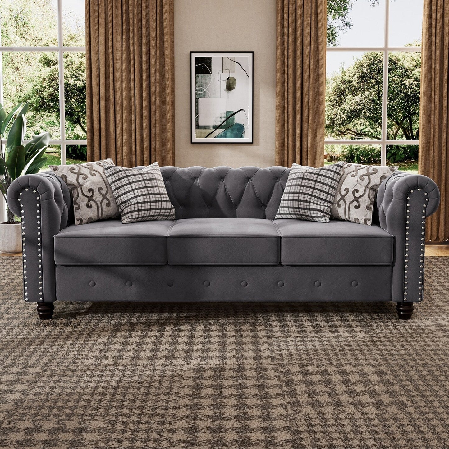 Canapé Chesterfield rembourré en velours Morden Fort avec tête de clou et pieds solides pour le salon