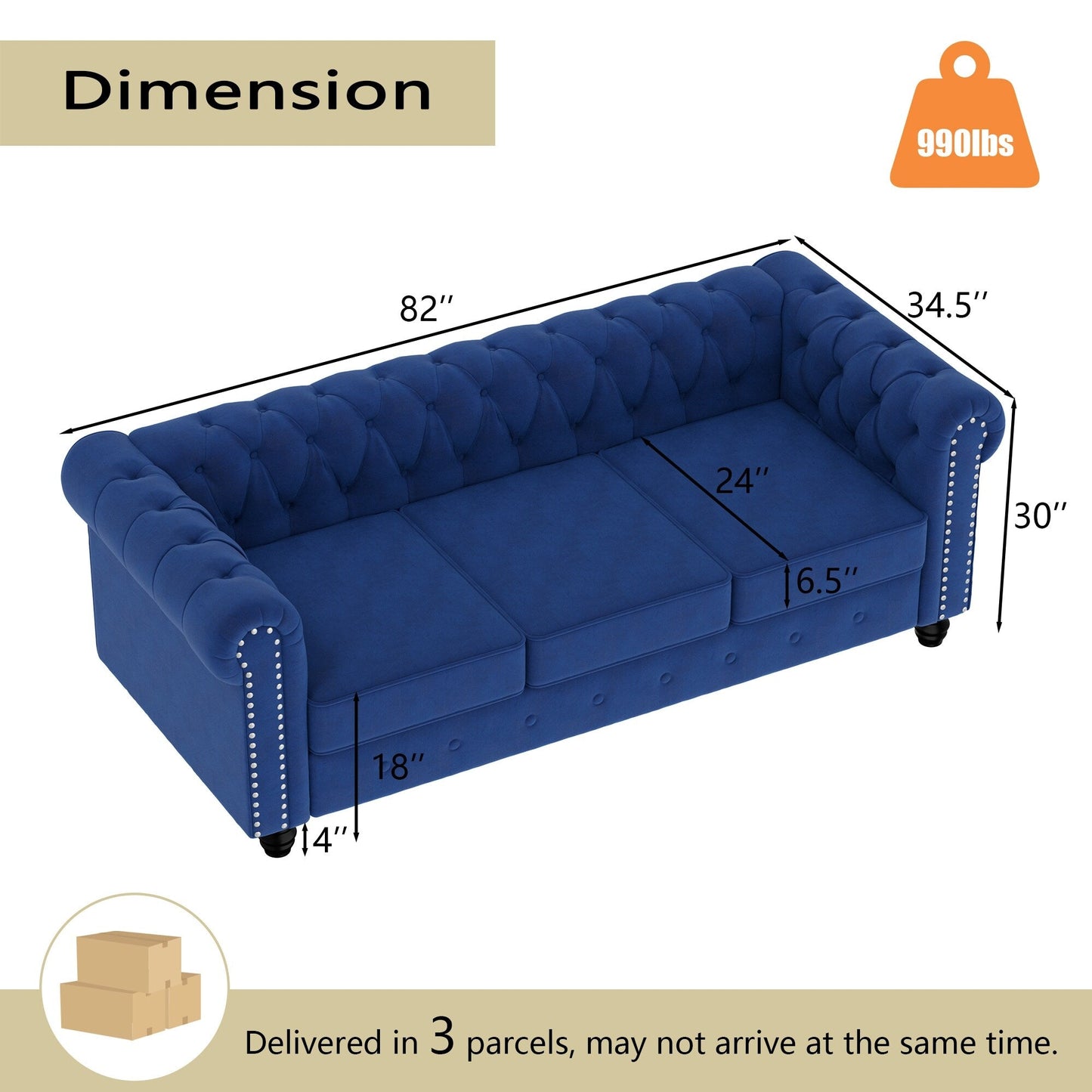 Canapé Chesterfield rembourré en velours Morden Fort avec tête de clou et pieds solides pour le salon