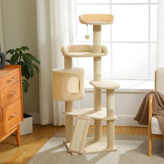 Multi-Level Cat Climbing Tower with Cat Condo, Cat Tree with Scratching Board