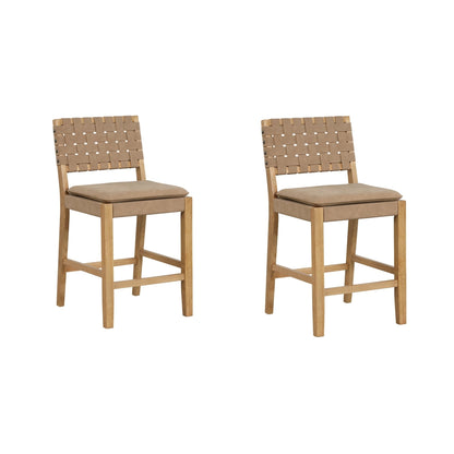 Nathan James Cohen Faux Leather Counter or Bar Height Stool, Solid Wood Frame with Footrest and Woven Leather Back