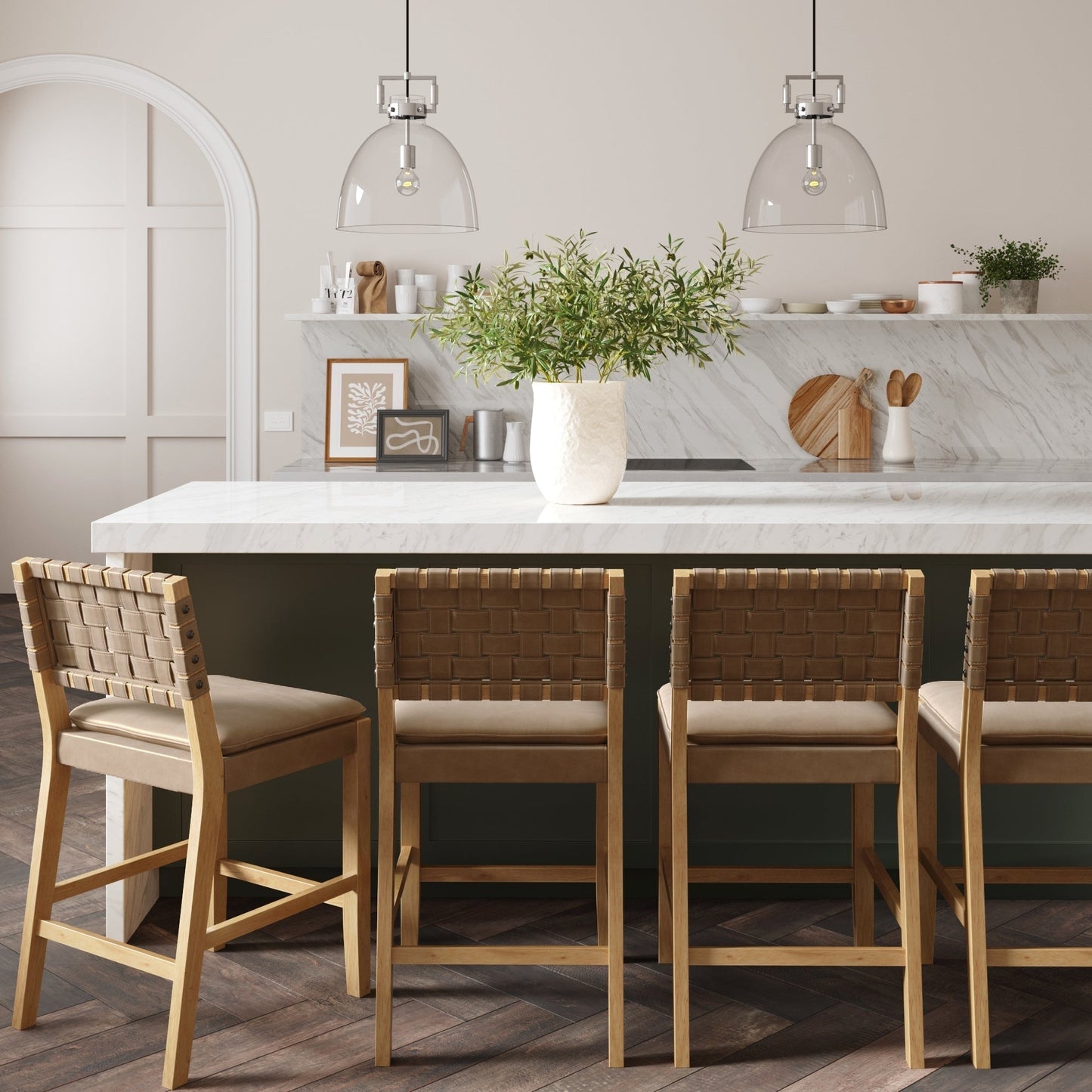 Nathan James Cohen Faux Leather Counter or Bar Height Stool, Solid Wood Frame with Footrest and Woven Leather Back