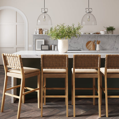 Nathan James Cohen Faux Leather Counter or Bar Height Stool, Solid Wood Frame with Footrest and Woven Leather Back