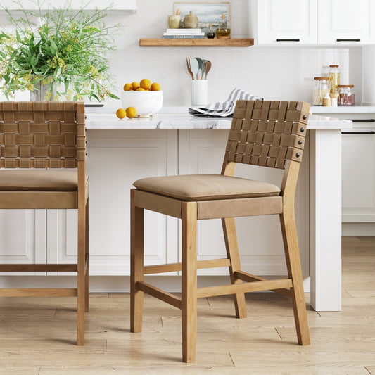 Nathan James Cohen Faux Leather Counter or Bar Height Stool, Solid Wood Frame with Footrest and Woven Leather Back