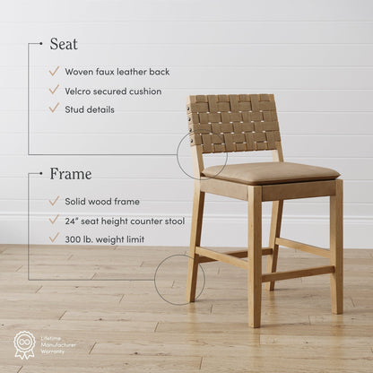 Nathan James Cohen Faux Leather Counter or Bar Height Stool, Solid Wood Frame with Footrest and Woven Leather Back
