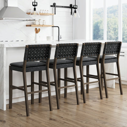 Nathan James Cohen Faux Leather Counter or Bar Height Stool, Solid Wood Frame with Footrest and Woven Leather Back