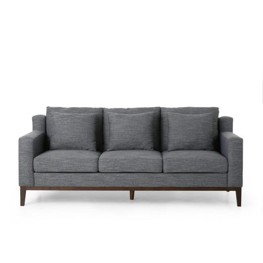 Canapé Noah, 3 coussins, revêtement en polyester gris, garniture en bois marron, 203 cm