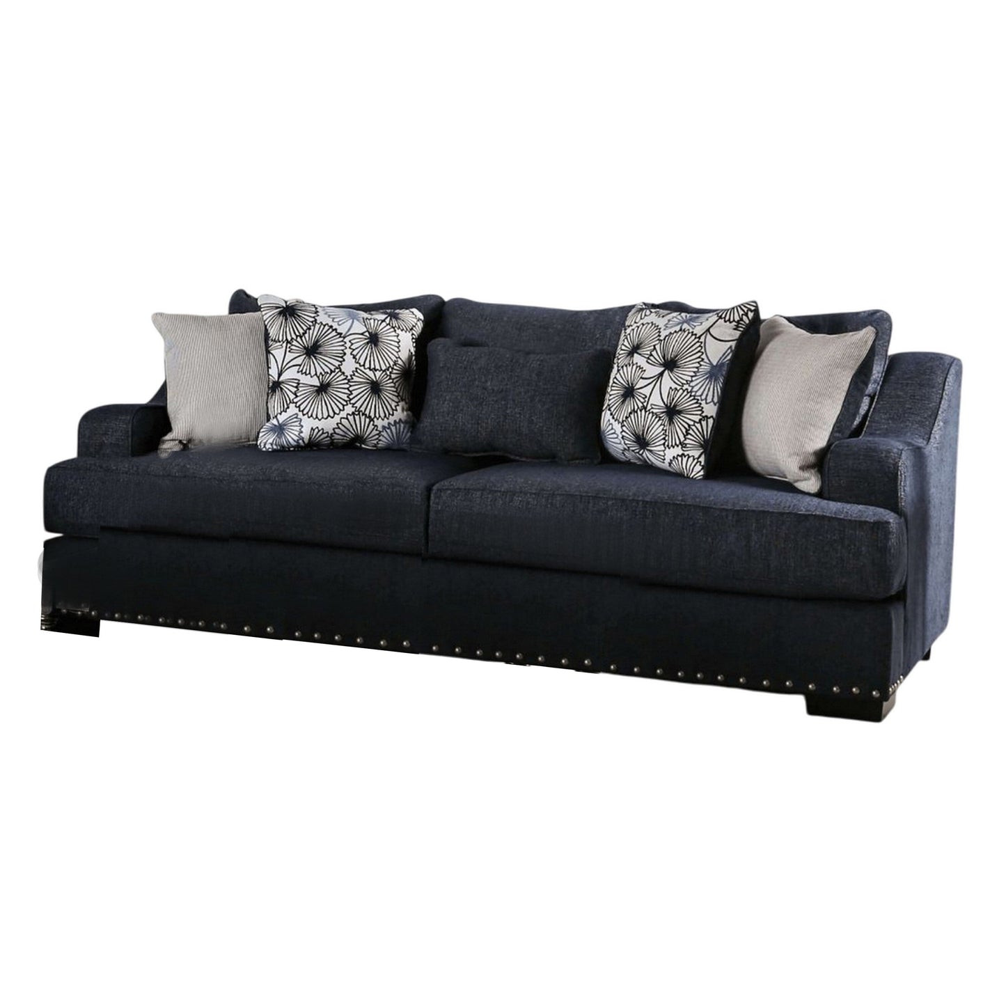 Canapé Nora, bleu marine foncé, 5 coussins décoratifs, bois massif, 96 pouces