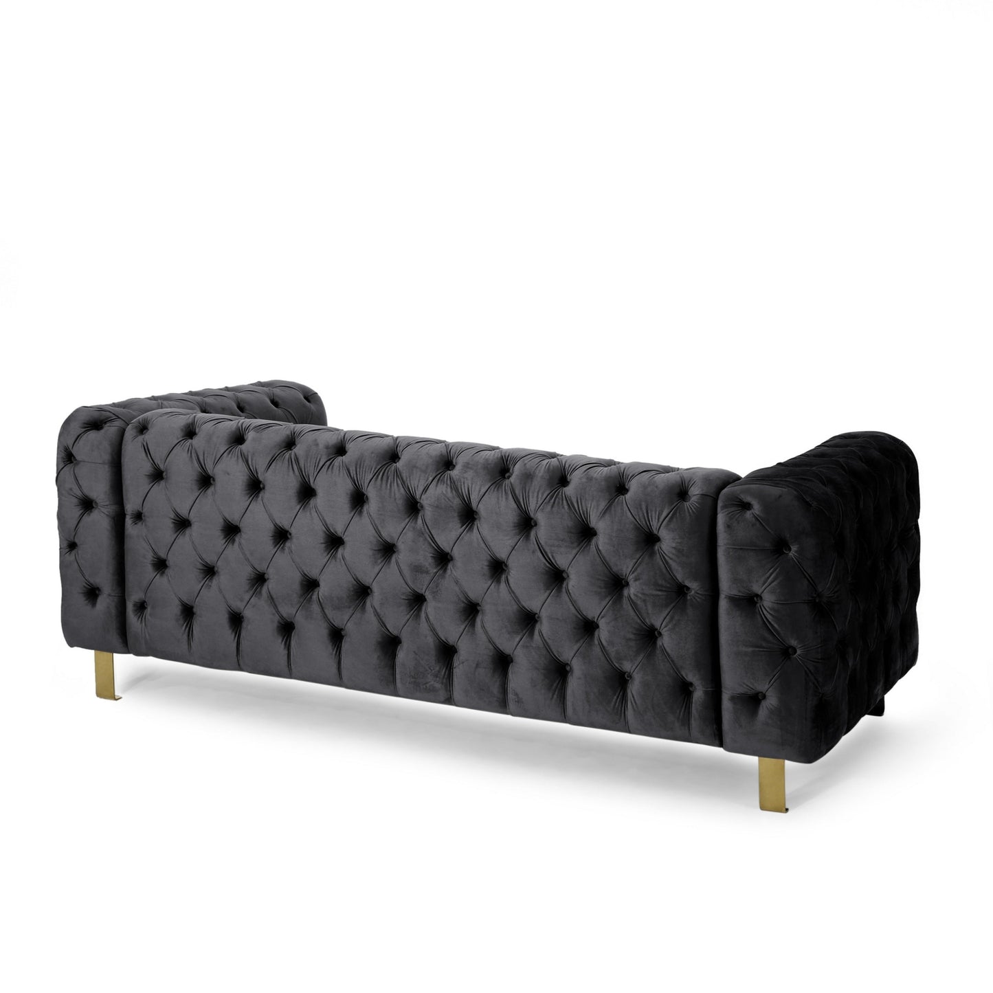 Canapé Nua, Chesterfield capitonné en velours noir, 84 pouces, pieds dorés modernes
