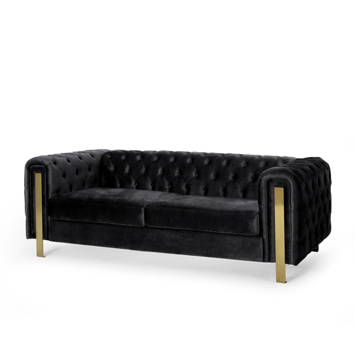 Canapé Nua, Chesterfield capitonné en velours noir, 84 pouces, pieds dorés modernes