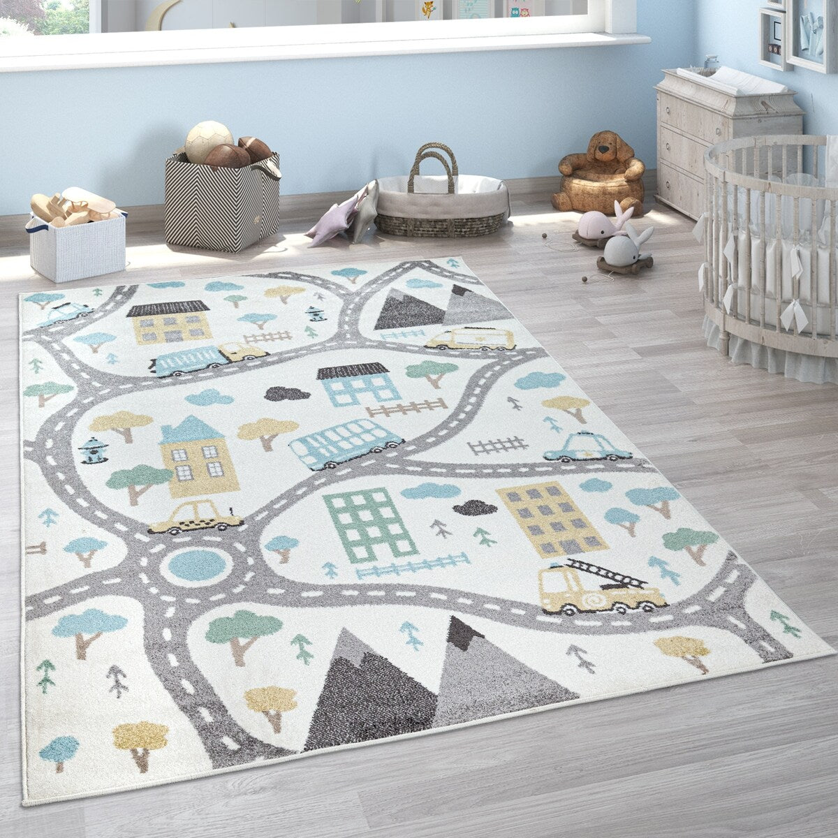 Nursery Rug with Streets Cars and Trees Motif in Pastel Colors