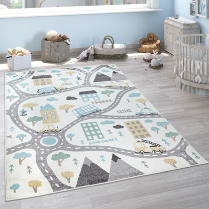 Nursery Rug with Streets Cars and Trees Motif in Pastel Colors