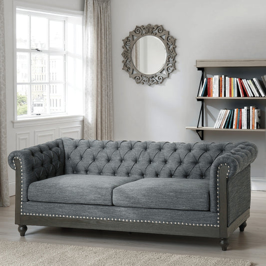 Canapé Ober, Chesterfield capitonné à boutons, gris, 218 cm, taupe brun