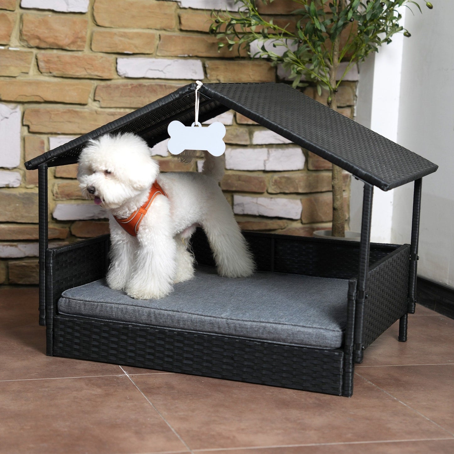 Outdoor Cushioned Wicker Dog House Pet Bed