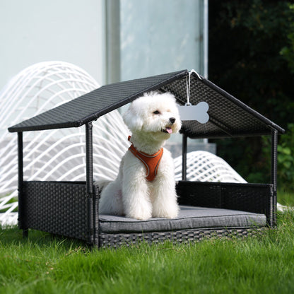 Outdoor Cushioned Wicker Dog House Pet Bed