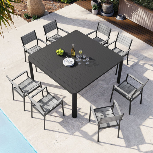 Mobilier de salle à manger d'extérieur : table extensible avec rallonge, chaises empilables, aluminium (voir photo).