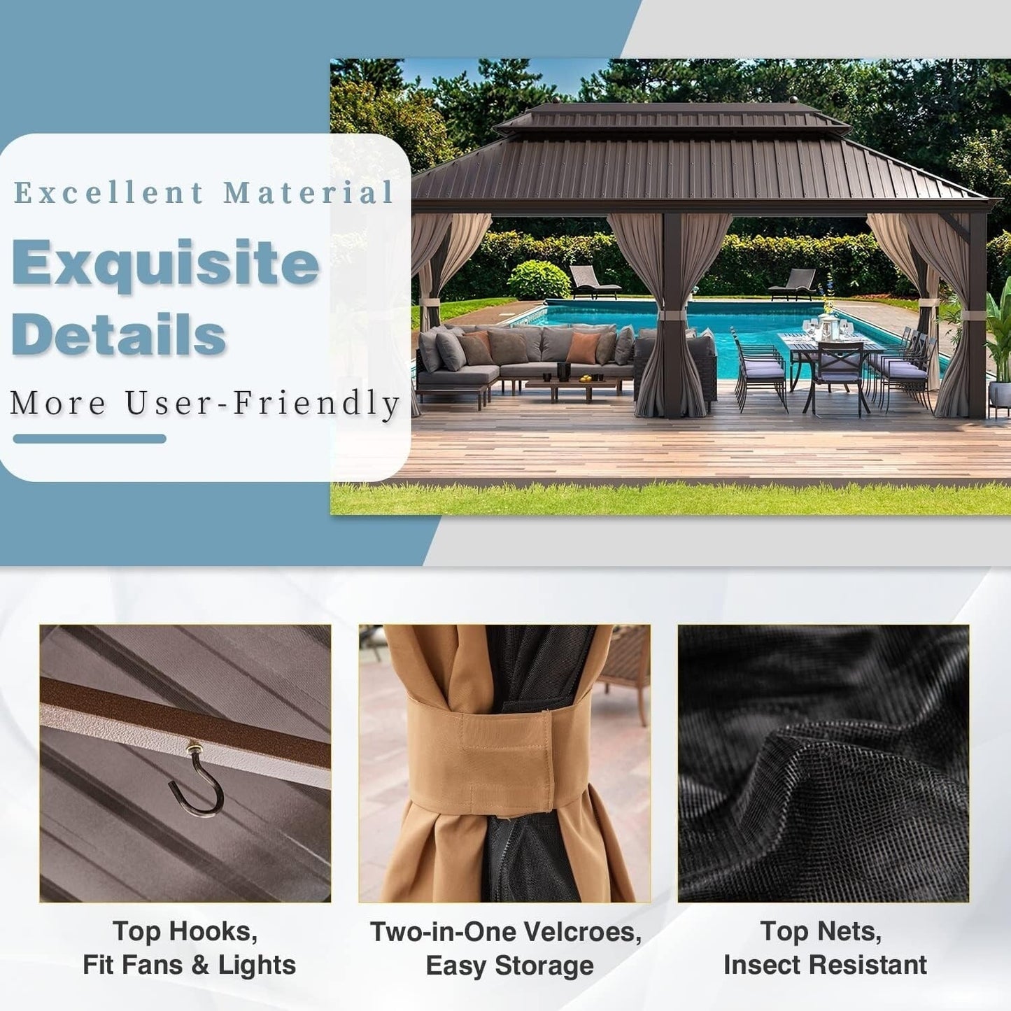 Outdoor Hardtop Gazebo with Galvanized Steel Double Roof & Aluminum Frame, Outdoor pergola with Premium Curtains and Nettings