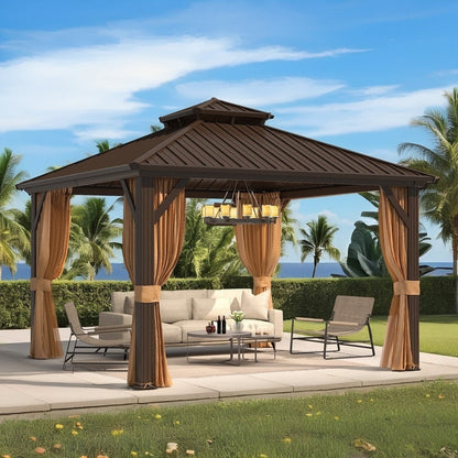 Outdoor Hardtop Gazebo with Galvanized Steel Double Roof & Aluminum Frame, Outdoor pergola with Premium Curtains and Nettings
