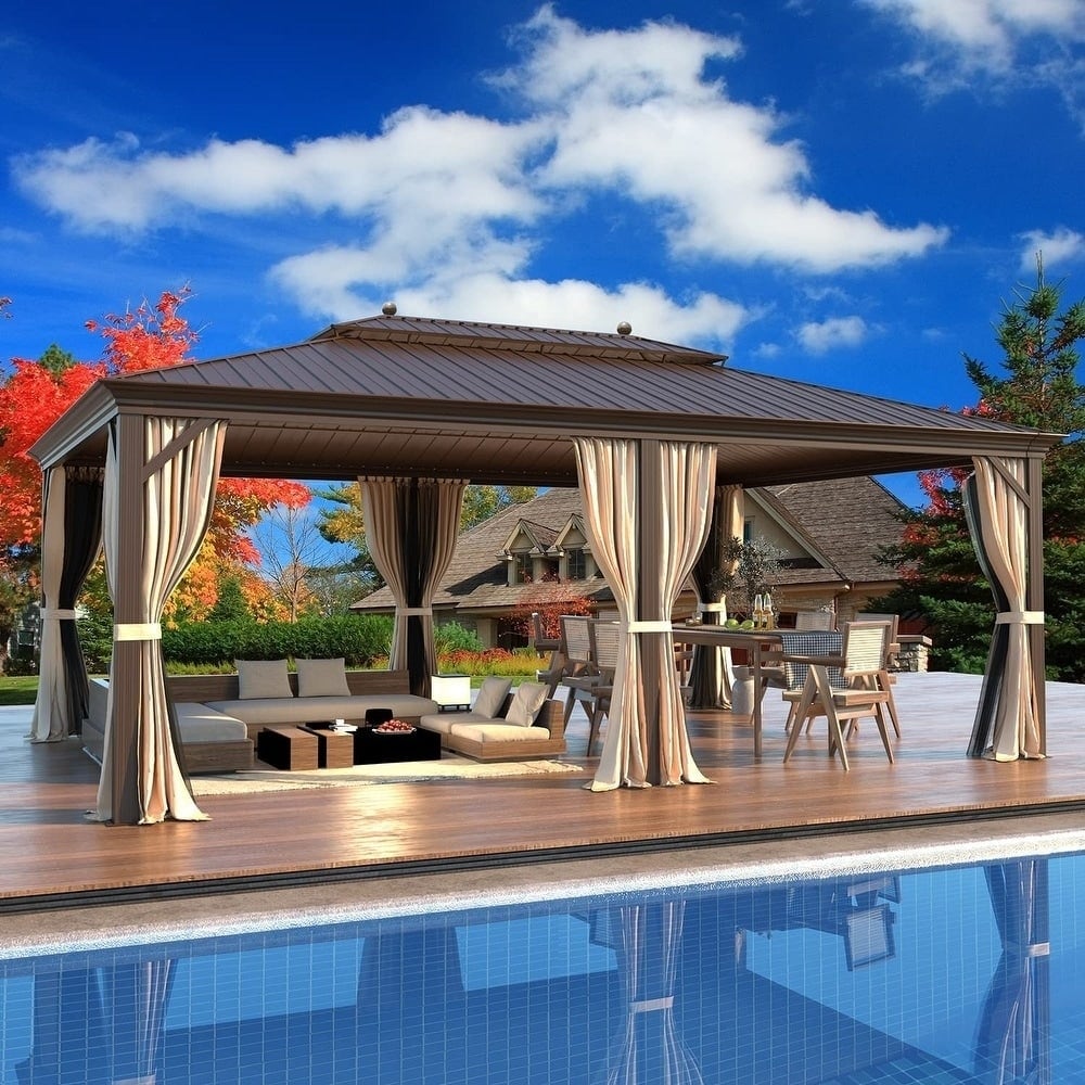Outdoor Hardtop Gazebo with Galvanized Steel Double Roof & Aluminum Frame, Outdoor pergola with Premium Curtains and Nettings