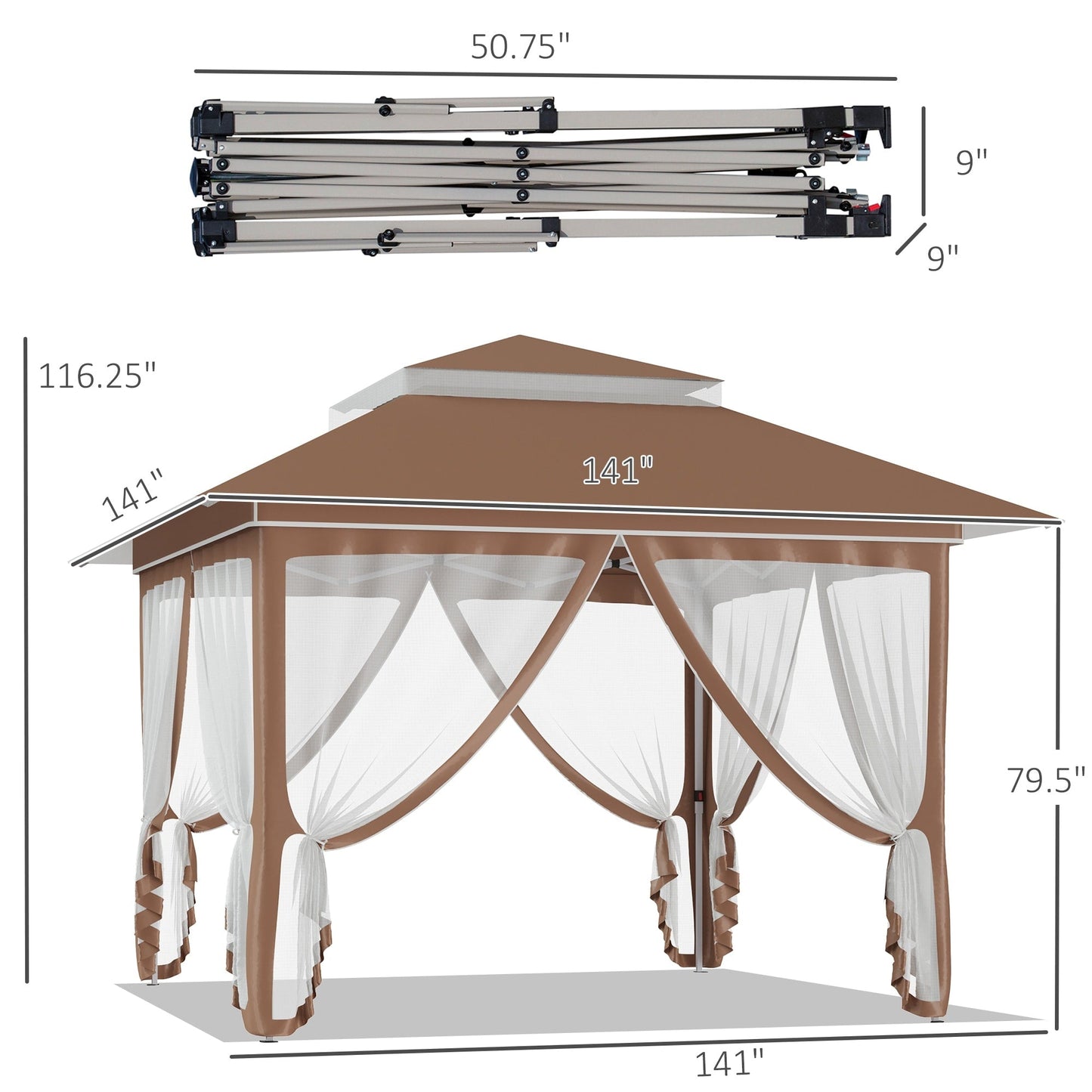 Outsunny 12' x 12' Pop Up Canopy Sun Shade Instant Tent Folding with Mesh Sidewall Netting, 3-Level Adjustable Height