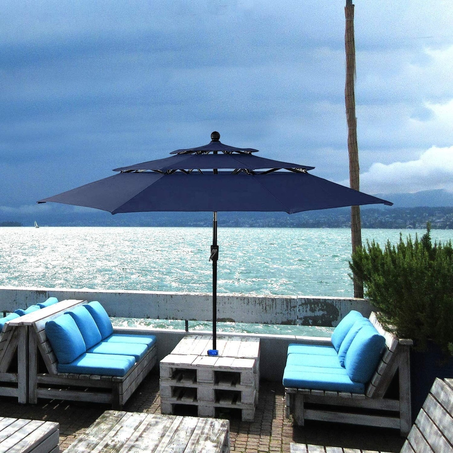 MAISON ARTS 10ft 3 Tier Auto-tilt Patio Umbrella Outdoor Double Vented Umbrella with LED Lights