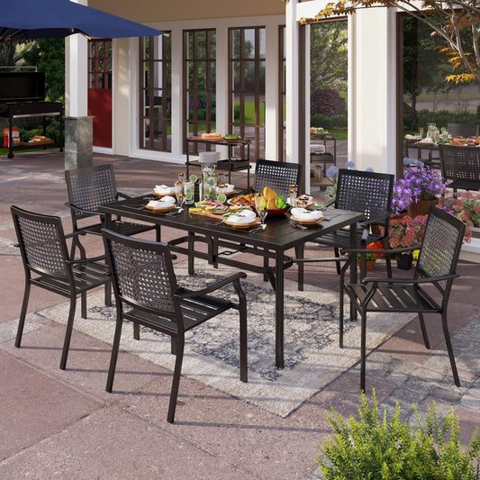 Ensemble de salle à manger de patio 7 pièces avec revêtement en métal E-coating, comprenant 6 chaises à dossier amélioré et une table en métal avec trou pour parasol