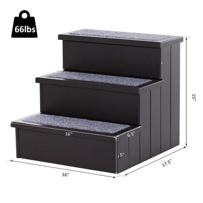 PawHut 3 Step Wooden Carpeted Non Slip Pet Stairs Ramp for Cats and Small Dogs - Brown