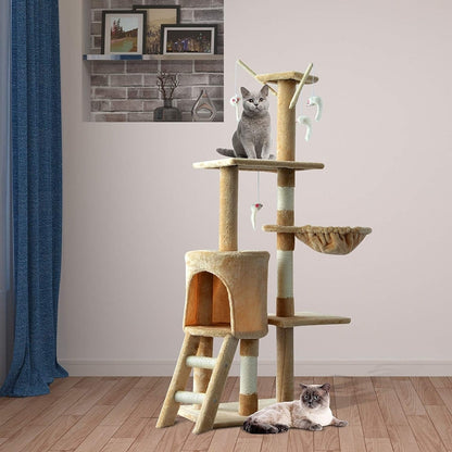 PawHut 52 Plush Sturdy Interactive Cat Condo Tower Scratching Post Activity Tree House - Beige