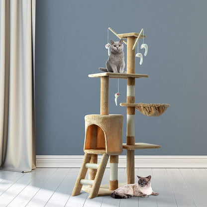 PawHut 52 Plush Sturdy Interactive Cat Condo Tower Scratching Post Activity Tree House - Beige