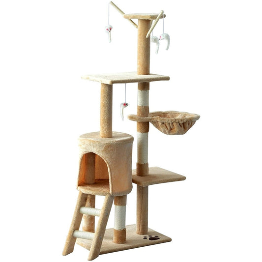 PawHut 52 Plush Sturdy Interactive Cat Condo Tower Scratching Post Activity Tree House - Beige