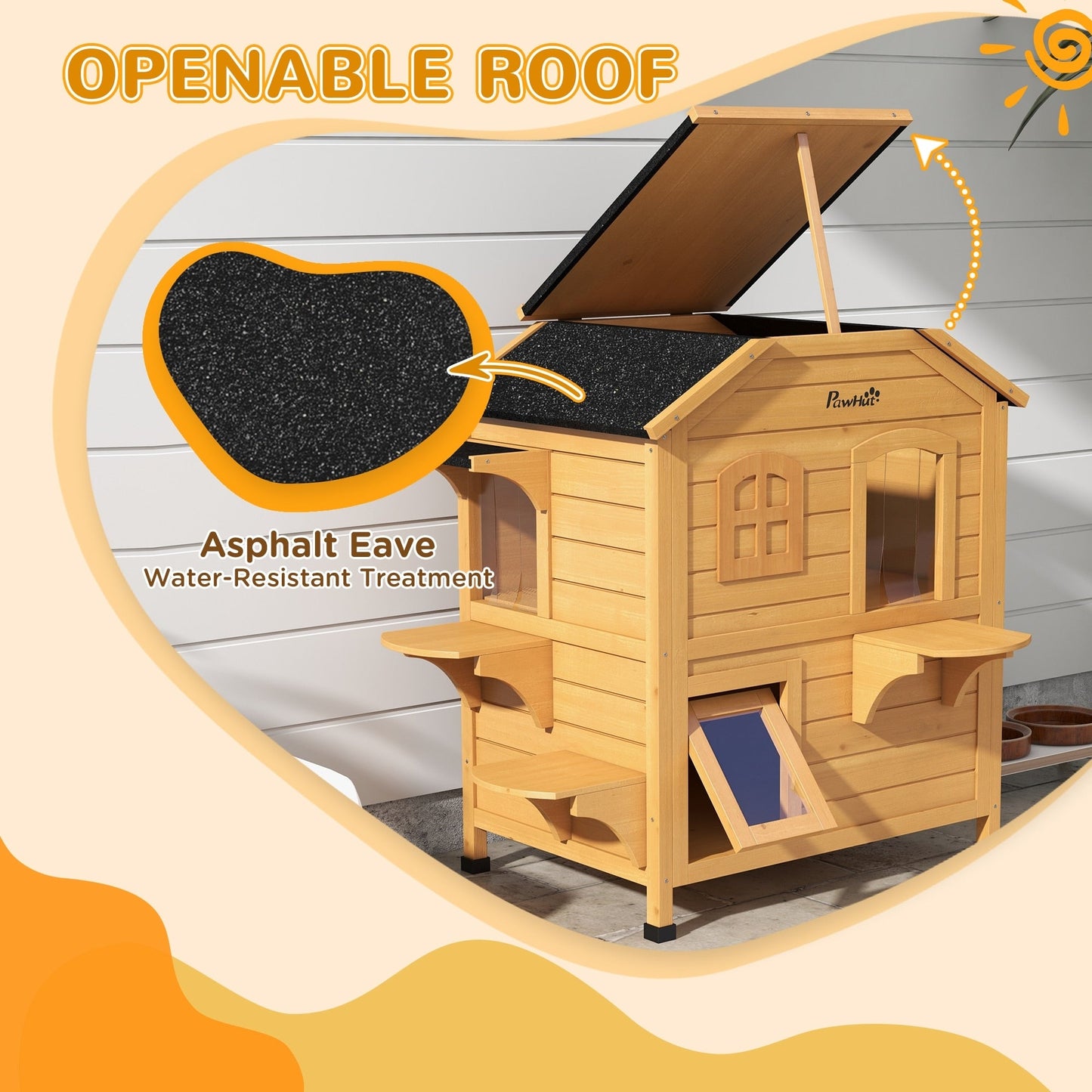 PawHut Fir Wood 2-Story Outdoor Cat House, Wooden Feral Cat Shelter with Openable Asphalt Roof for Indoor/Outdoor, White / Grey