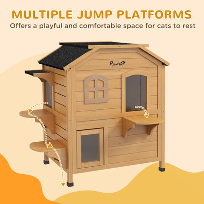 PawHut Fir Wood 2-Story Outdoor Cat House, Wooden Feral Cat Shelter with Openable Asphalt Roof for Indoor/Outdoor, White / Grey