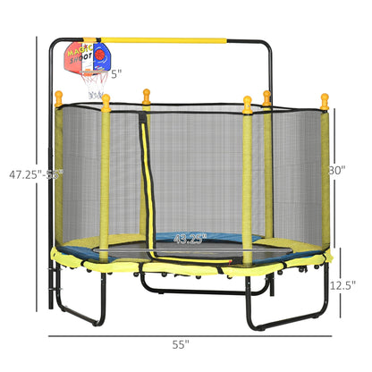 Qaba 4.6' Kids Trampoline with Basketball Hoop, Horizontal Bar, 55 Indoor Trampoline with Net