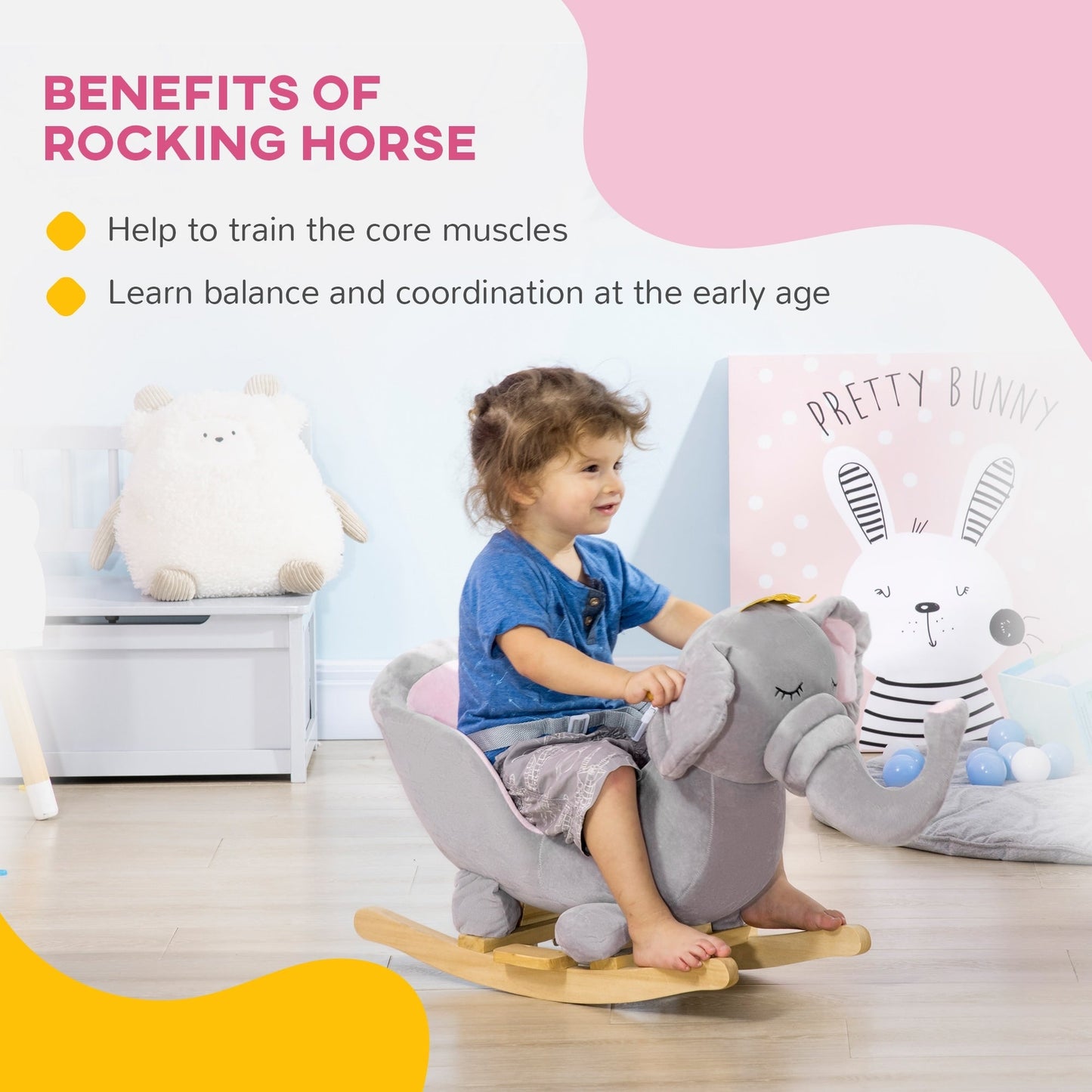 Qaba Baby Rocking Horse Elephant Rocking Chair Toddler Rocker Toy with Sound Wooden Base Seat Safety Belt for 1.5-3 Year Old