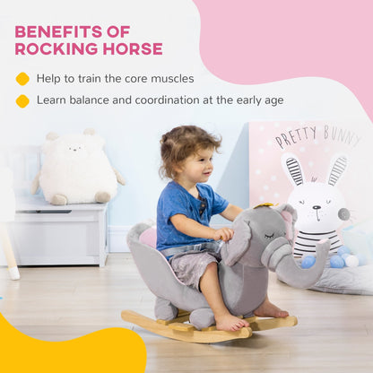 Qaba Baby Rocking Horse Elephant Rocking Chair Toddler Rocker Toy with Sound Wooden Base Seat Safety Belt for 1.5-3 Year Old