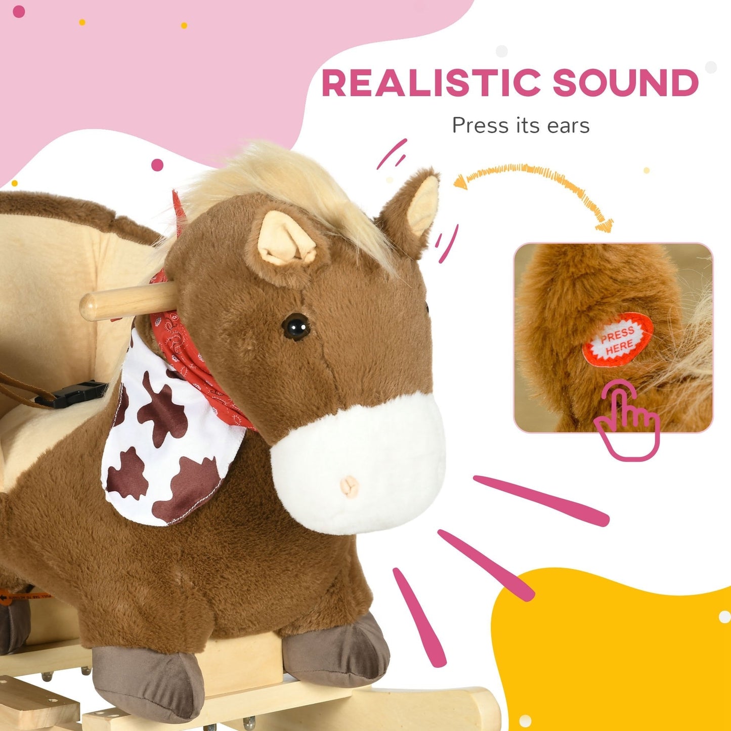 Qaba Baby Rocking Horse, Riding Horse, Plush Animal Rocker with Realistic Sound, Pedals for Ages 18-36 Months, Brown
