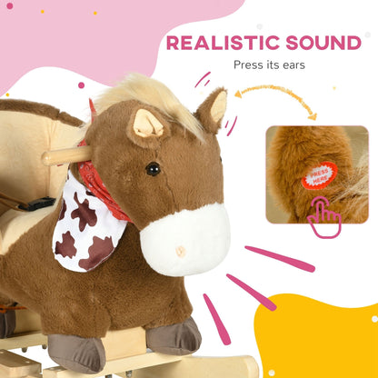 Qaba Baby Rocking Horse, Riding Horse, Plush Animal Rocker with Realistic Sound, Pedals for Ages 18-36 Months, Brown
